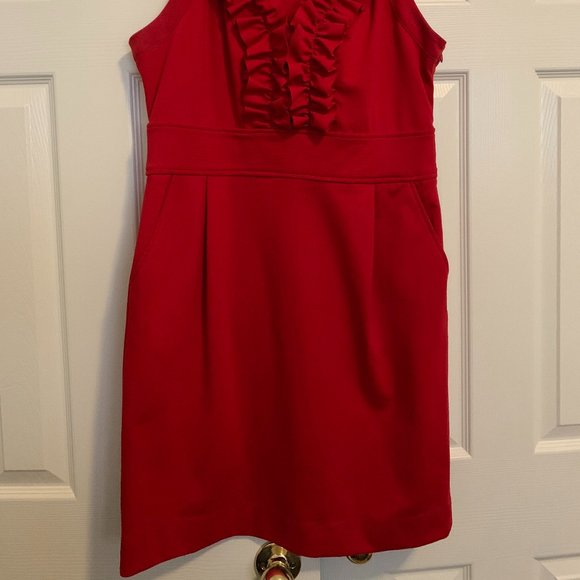 Theme Red Cocktail Ruffle Neckline Holiday Dress Large - Picture 3 of 4